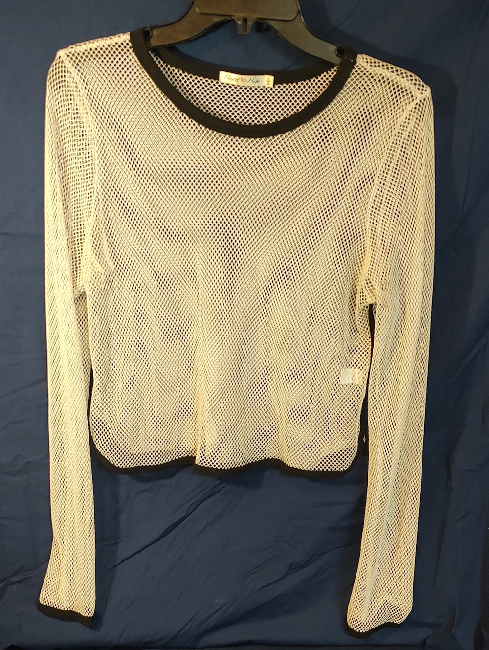 Heart & Hips White Fishnet Long Sleeve Crop Top W/Black Trim